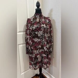 Ann Taylor Dress Women Size 4 Black Purple Floral Tunic Lined Ruffle